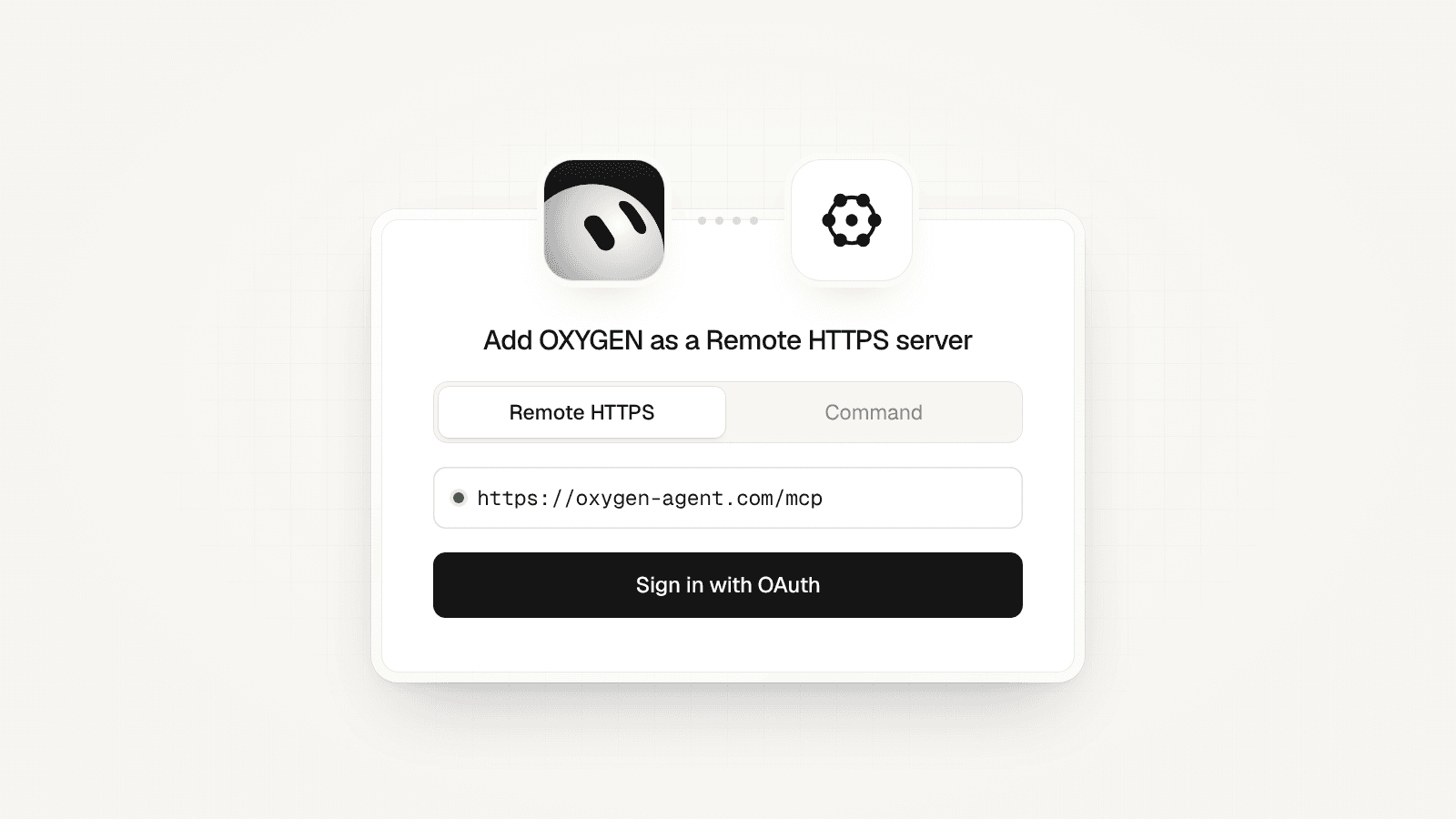 A connect card with the Grok Bot mark linked to the OXYGEN mark: Remote HTTPS, https://tryoxygenagents.com/mcp, and Sign in with OAuth.
